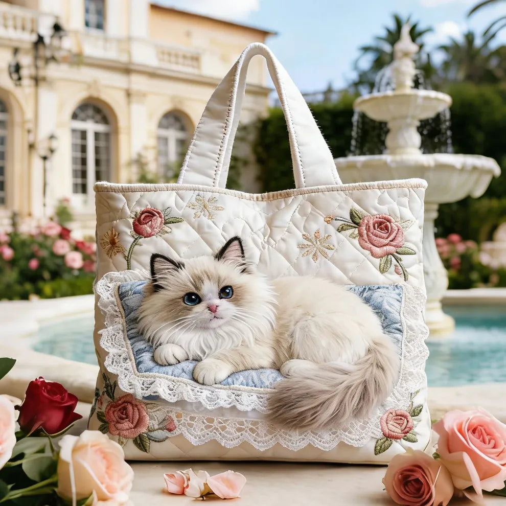 Bolso artesanal | Gatito en el jardín de rosas