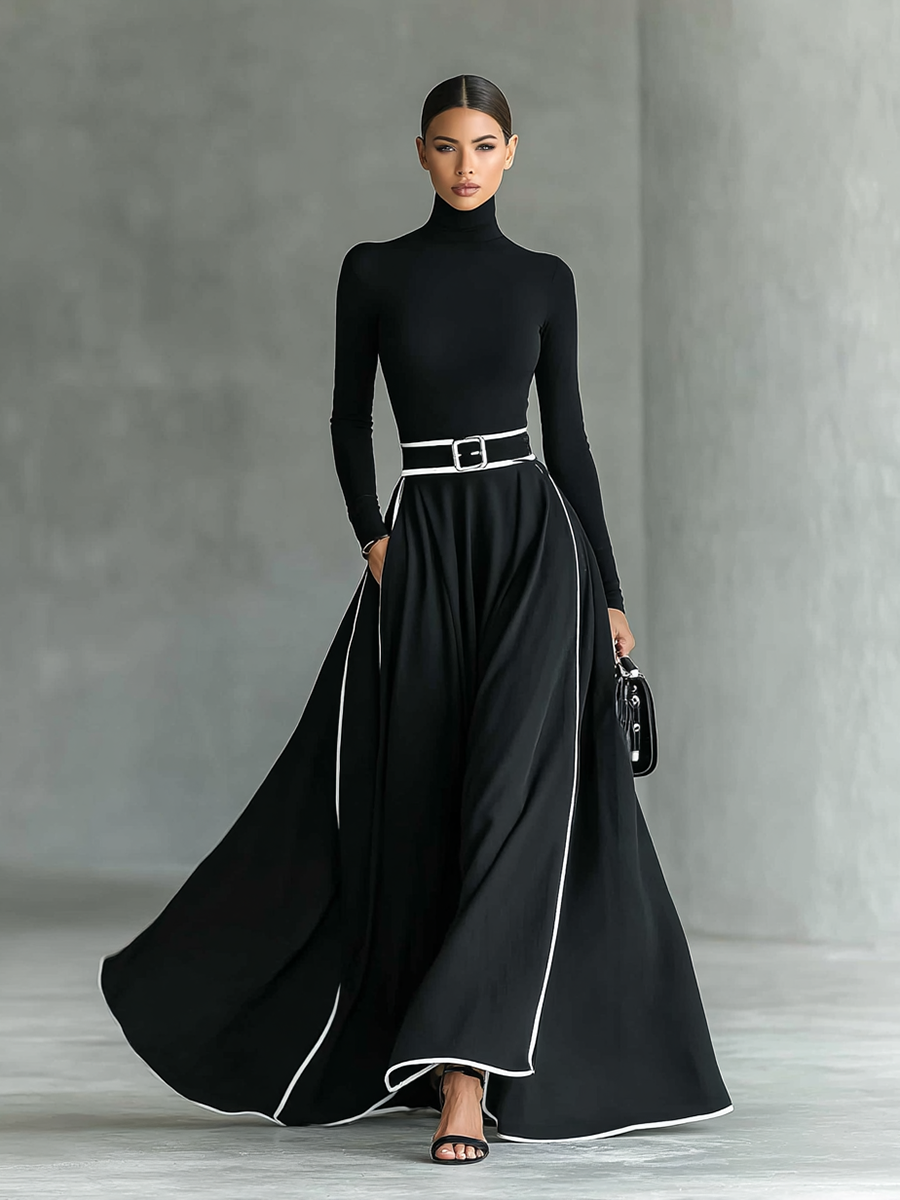 Gina – Vestido maxi de mujer negro con costuras blancas y cuello alto, mangas largas y cintura entallada