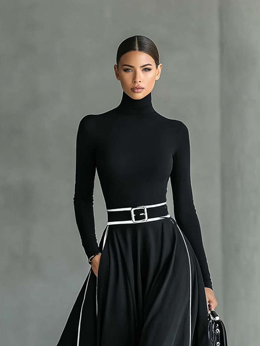 Gina – Vestido maxi de mujer negro con costuras blancas y cuello alto, mangas largas y cintura entallada