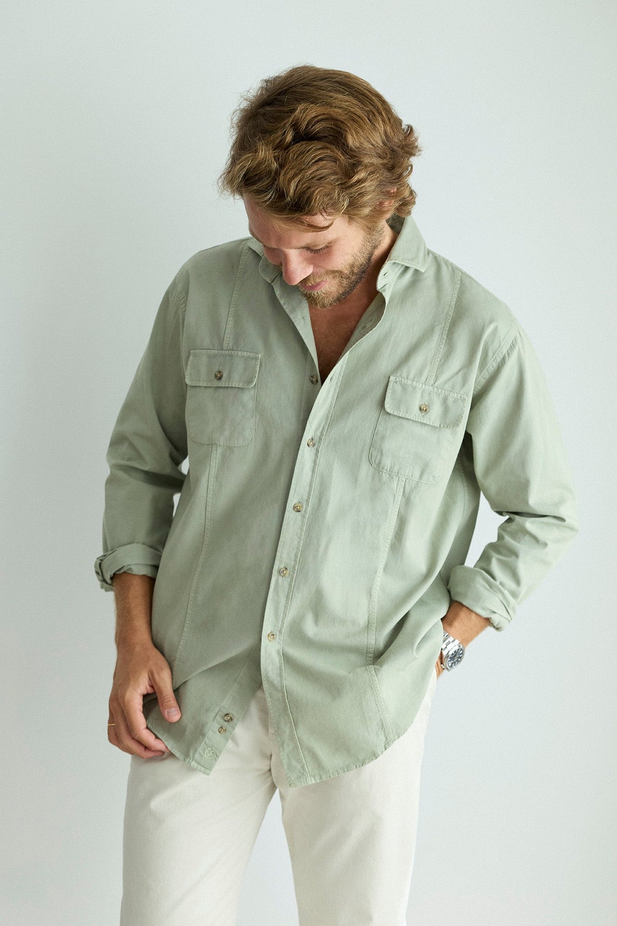 Camisa Algodón 2 Bolsillos Pecho Verde Laurel Costura Vertical