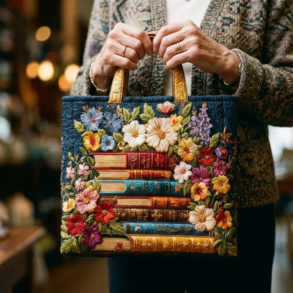 Bolso artesanal | Estampado floral y libro