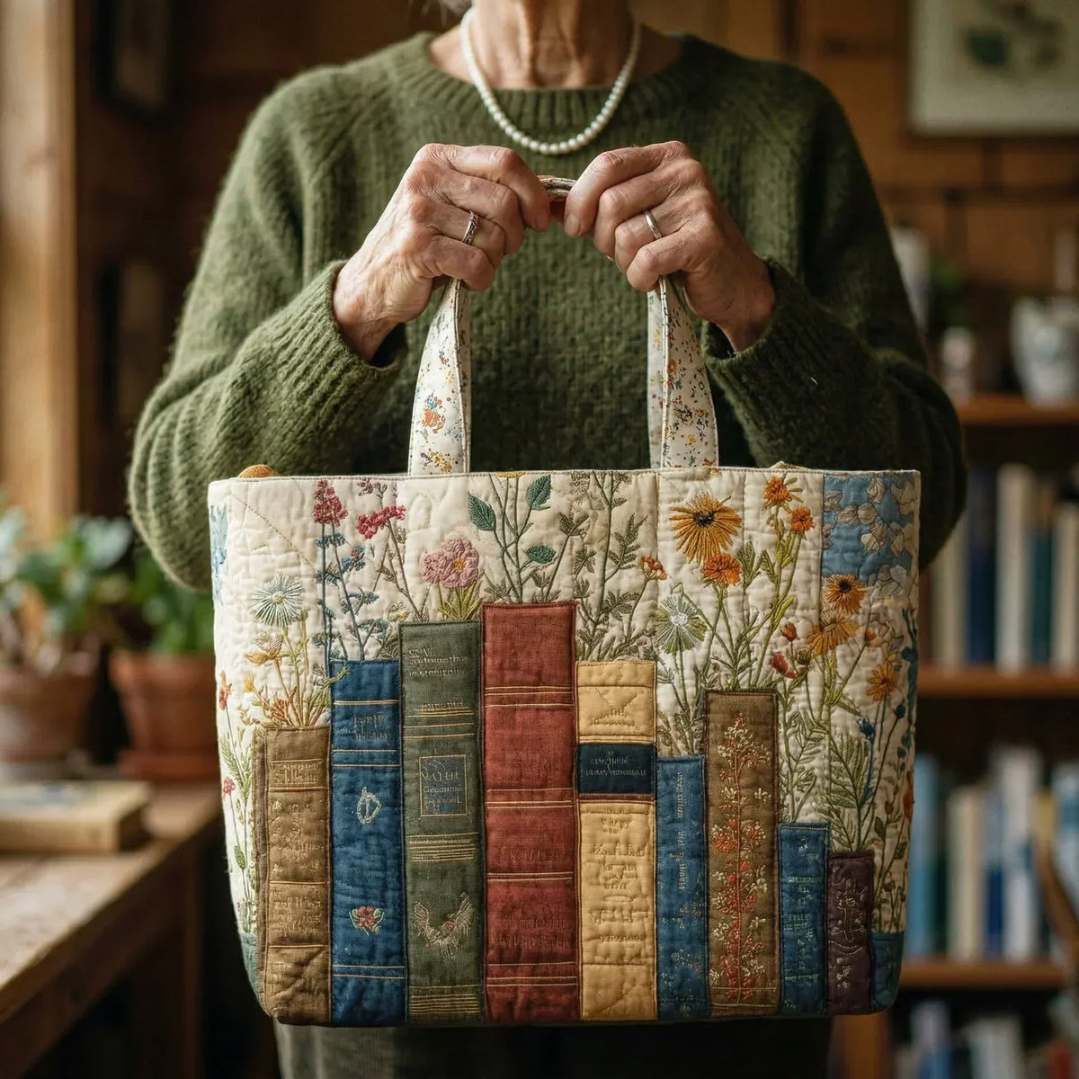 Bolso artesanal | Libros y flores