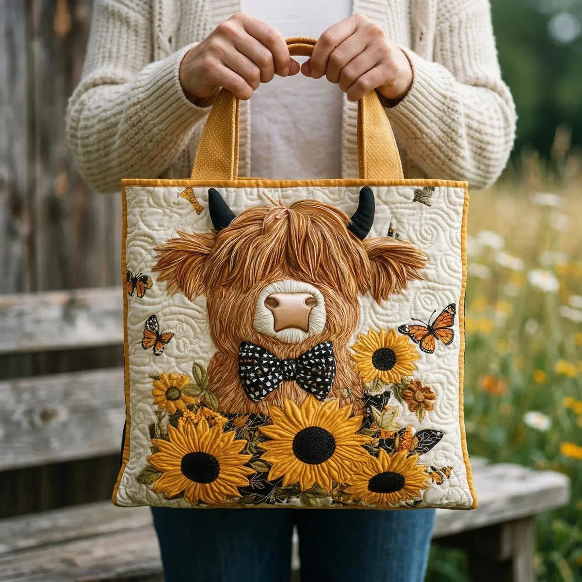 Bolso artesanal | Vaca Highland y girasoles